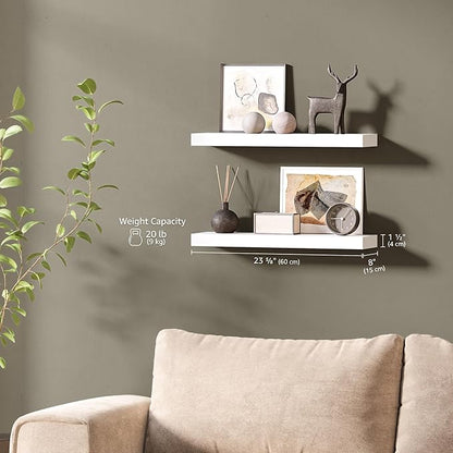 Ballucci Floating Shelves for Wall, 24" Wood Wall Shelf Set of 2, with Invisible Brackets for Bathroom, Living Room, Bedroom, Kitchen, Nursery, 8" Deep, White