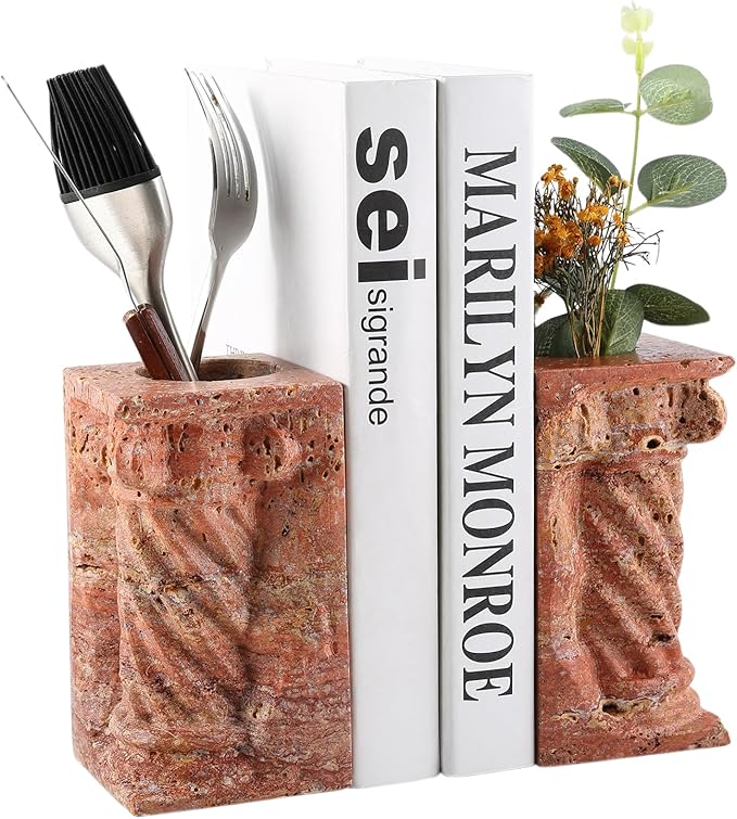 Decorative Roman Column Book Ends & Vase - Heavy Duty Marble Book Ends for Heavy Books, Vintage Home Office Decor, Dual Use as Flower Vase, Natural Stone Bookends for Shelves (2PC, Red)
