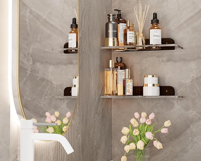 Small Acrylic Floating Shelf for Wall, Clear Acrylic Wall Shelf with Solid Wood Base, Thick Minimalist Display Shelf for Bathroom, Bedroom,Plants, Perfume, Nail Polish,Living Room & Decor