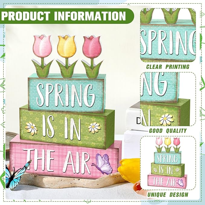Marsui 4 Pcs Spring Table Decorations Tulip Flower Wooden Block Signs Pastel Tulip Tabletop Centerpieces Farmhouse Distressed Easter Spring Decor for Home Table Kitchen Shelf Tiered Tray Decor