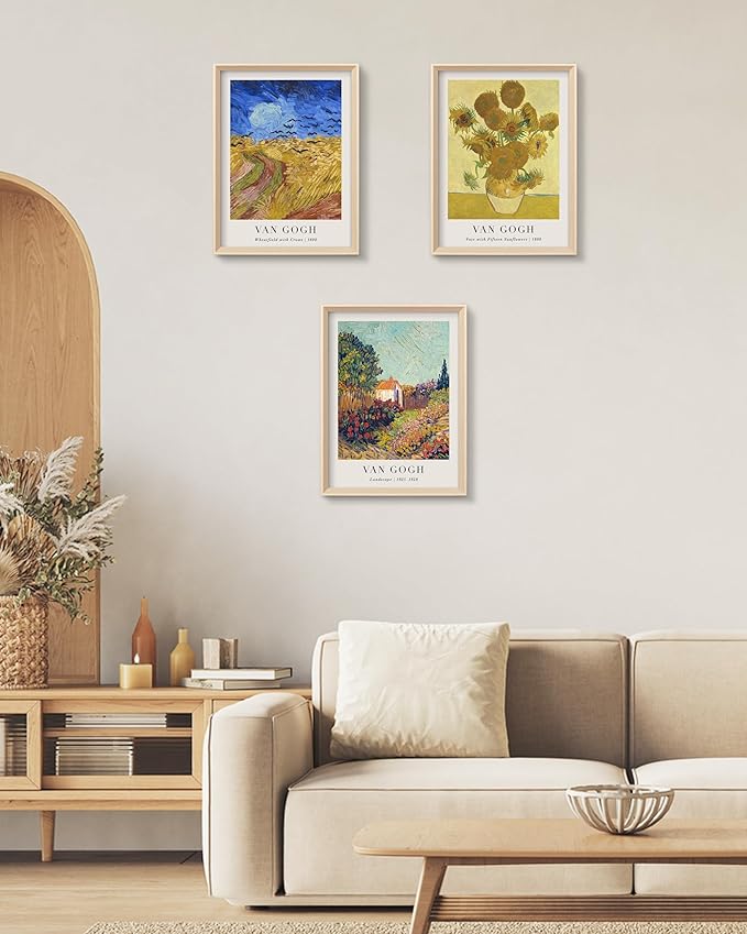 HesenDot Van Gogh Framed Wall Art Set of 3, 12x16 Inch Canvas Prints, Wheatfield, Sunflowers, Landscape Paintings, Vintage Artwork Posters Home Decoration for Living Room Bedroom Gallery Office
