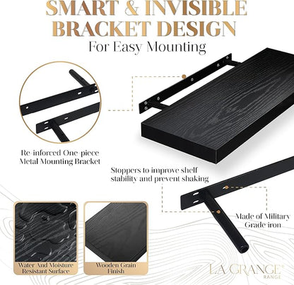 LA GRANGE RANGE® 23.6" Floating Shelves for Wall, 2X Pack, Wall Shelves for Storage & Décor, Perfect for Bathroom, Bedroom, Kitchen, Living Room, Natural Wood Finish with Hidden Bracket (Raven Black)