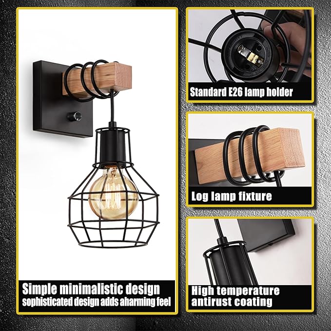 Set of 2 Industrial Wall Sconces with Dimmer ON/Off Switch, Farmhouse Wall Mount Light with Metal Cage Shade, Black Wall Lights Indoor for Kitchen Living Room