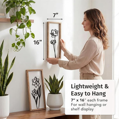 3D Black and White Wall Art (Set of 2) Lightweight, Wooden Ready-to-Hang Framed Floral Wall Art for Bathroom, Bedroom, Living Room or Office – Boho Botanical Farmhouse Decor – Gift-Boxed