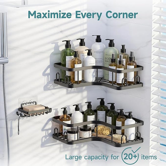 Veken Corner Adhesive Shower Caddy 3-Pack with Soap Holder&Hooks,No Drilling Shower Shelves,Rustproof & Waterproof Bathroom Organizers and Storage,Rack for Small Spaces, Kitchen&Rental-Friendly,Black