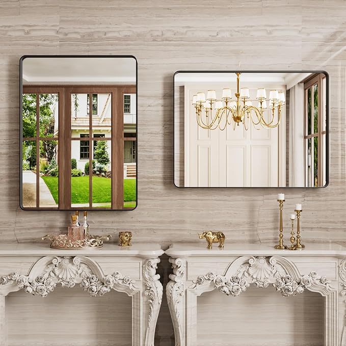 Black Bathroom Mirror, 20x30 Inch Rounded Rectangle Matte Framed Wall Mounted Mirror, Bathroom Vanity Mirror, Tempered Glass, Anti-Rust, Horizontal/Vertical