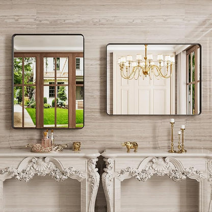 Black Bathroom Mirror, 20x30 Inch Rounded Rectangle Matte Framed Wall Mounted Mirror, Bathroom Vanity Mirror, Tempered Glass, Anti-Rust, Horizontal/Vertical