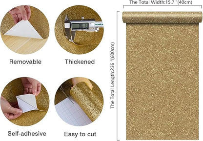 CHIHUT 15.7''x236'' Champagne Gold Glitter Contact Paper Peel and Stick Glitter Wallpaper for Bedroom Self Adhesive Removable Fabric Wallpaper Decorative Sparkle Wall Paper for DIY Crafts Dresser