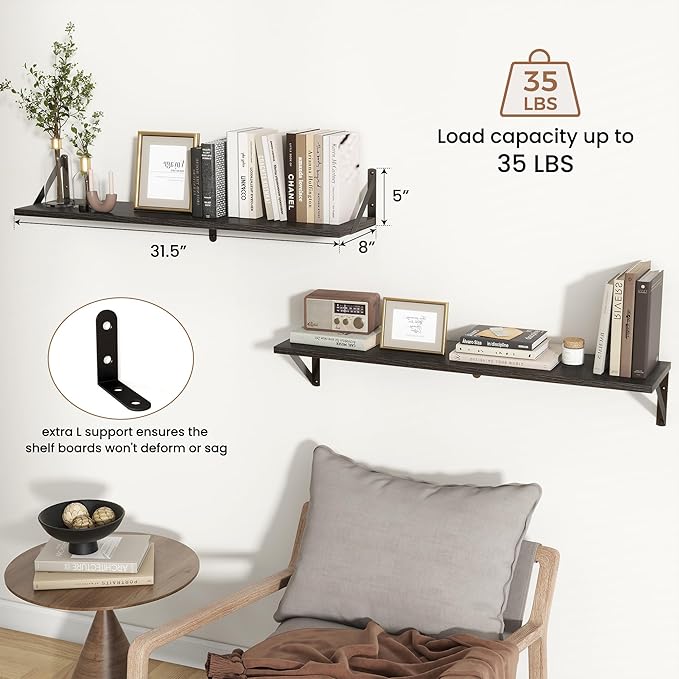 Axeman 32 Inch Floating Shelves | 8 Inch Deep Black Wood Wall Shelves Set of 2 | 31.5" W x 8" D Rustic Black Shelves for Bathroom Kitchen Living Room