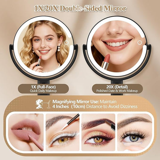 Makeup Mirror with Lights, Double Sided 1x/20x Magnifying Mirror with Light, Rechargeable 3 Color Lights and Adjustable Brightness, 360° Rotation Detachable Comes with Tweezer(Black)