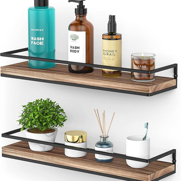 Meangood Floating Shelves Wall Mounted Set of 2, Rustic Wood Wall Storage Shelves for Bedroom,Living Room,Bathroom, Kitchen Torched Wood