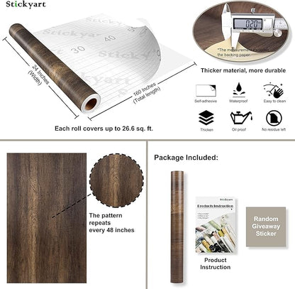 Stickyart 24"x160" Wood Contact Paper Brown Vintage Wood Grain Contact Paper Rustic Wood Peel and Stick Cabinet Covering Paper Self Adhesive Wood Look Contact Paper for Countertops Doors Waterproof