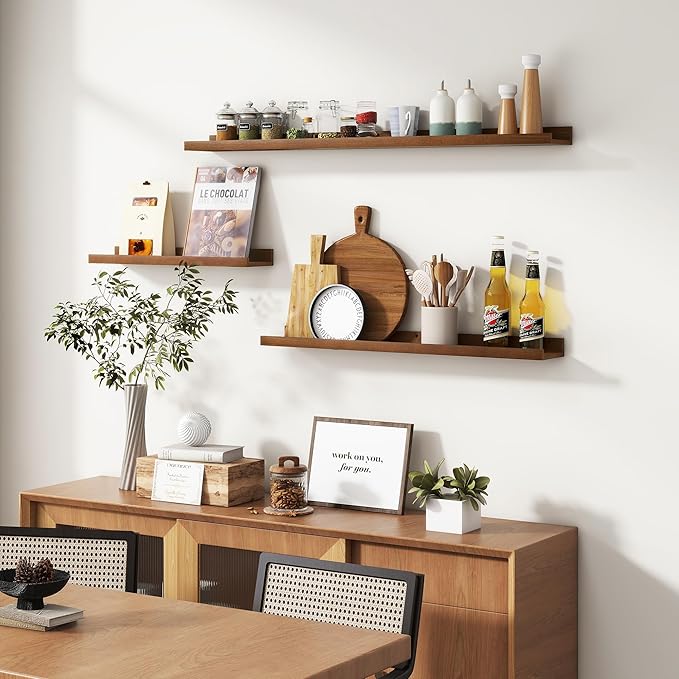 Picture Ledge Wall Shelves - Set of 3, 56 inches Width, Solid Pine Wood Rustic Floating Ledge Shelves for Kids' Room, Bedroom, Kitchen, Bathroom, Walnut