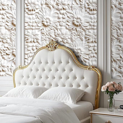 17.5x475 Off White Contact Paper Peel and Stick Floral Wallpaper White Paintable Baroque Art Deco Flower Wall Mural Wallpaper 3D Embossed Wall Paper Peel and Stick Modern for Bathroom Ceiling