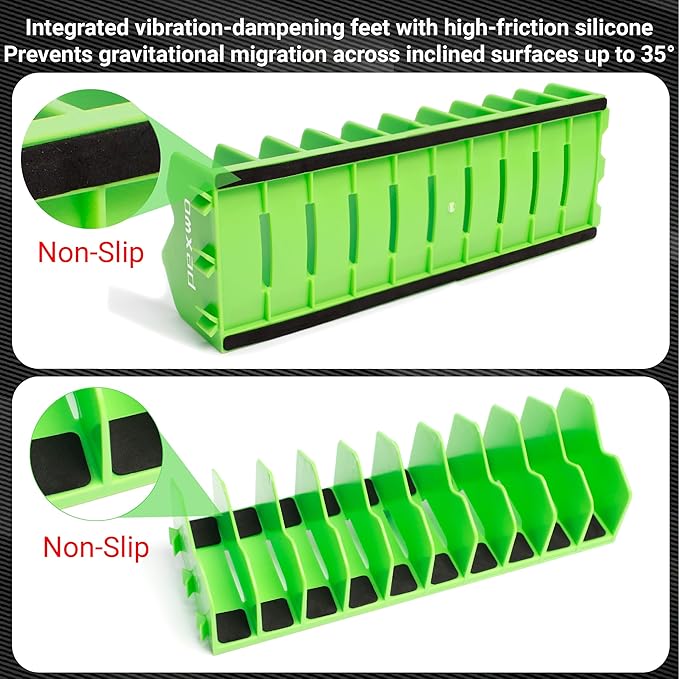 Plier Organizer & Rack (4-Pack, High-Vis Green) – 40-Slot Tool Storage for Toolbox Drawers – Non-Slip Rubber Base, Interlocking Modular Holders for Pliers, Cutters & Snips