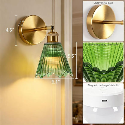 Vintage Battery Operated Wall Sconce with Green Crystal Grid Glass Lampshade Rechargeable Battery Powered Wall Light with Remote Control for Bedside Bedroom Bathroom, Set of 2