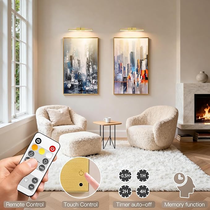 Battery Picture Light for Wall with Timer,3 Color Temps Painting Light, Rechargeable 5200 mAh and AA Battery,Metal Rotatable Head Art Display Accent Lights for Gallery Portrait Hallway Frame-Gold 16''