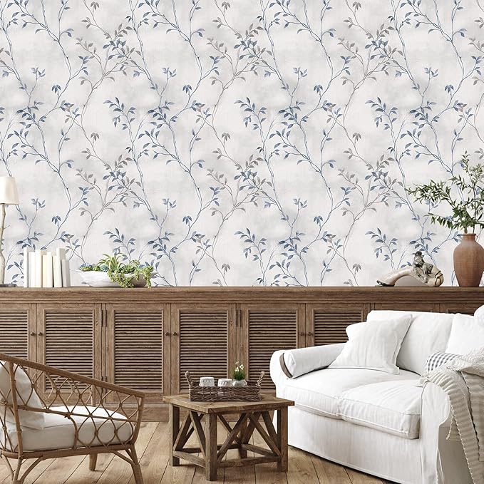 VaryStyle 17.7"x393" Tree Branches Peel and Stick Wallpaper Grey Blue Twigs with Leaf Linen Look Wallpaper Waterproof Vinyl Grey Contact Paper Vintage Tree Wall Paper for Kitchen Living Room Walls