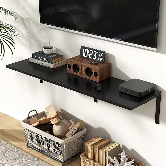 Fun Memories Floating Shelves for Wall, 12 Inch Deep Floating Shelves Set of 2, Wall Mounted Shelf with Metal Brackets, Rustic Wood Wide Shelf for Bathroom, Kitchen and Living Room, Black, 48W x 12D