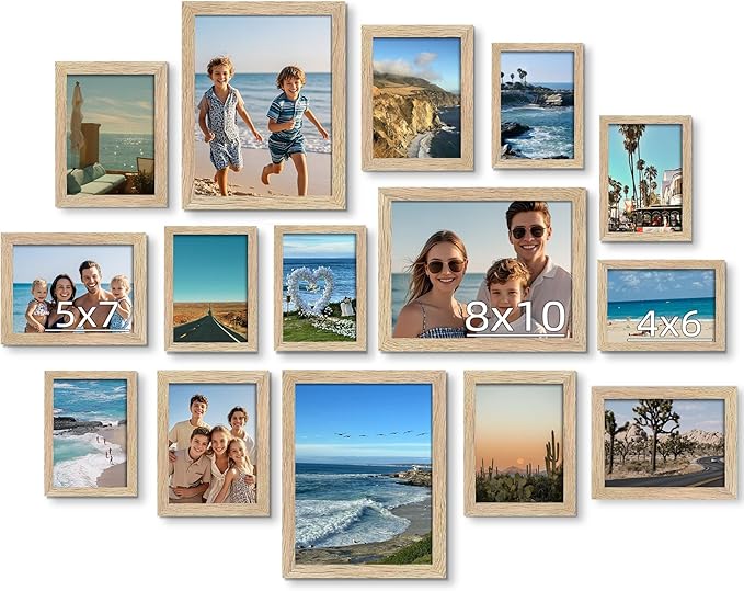 BESCRCL 15 Pack Real Glass Picture Frames Collage Wall Decor, Including 3pcs 8x10, 6pcs 5x7, 6pcs 4x6 Photo Frames for Gallery Wall or Tabletop Display, Natural Woodgrain