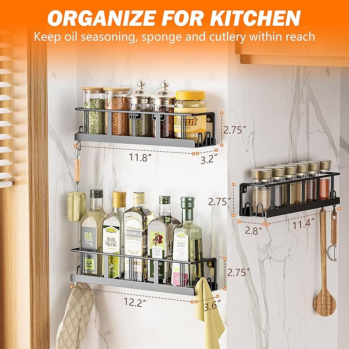 Spice Rack Wall Mounted 4 Pack, Space-Saving Spice Organizer for Spice Jars and Seasonings,Screw or Adhesive Hanging Spice Rack Organizer for Your Kitchen Cabinet,or Pantry Door