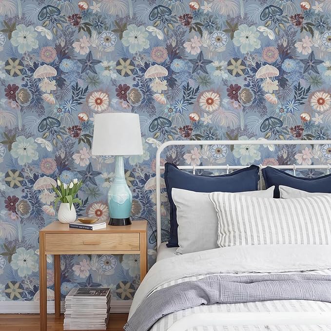 Ismoon Floral Peel and Stick Wallpaper Vintage Blue Contact Paper Jellyfish Ocean Stick on Wall Paper Removable Self Adhesive Vinyl Wallpaper for Bedroom Wall Decor Cabinet Refurbishment 17.3x393in