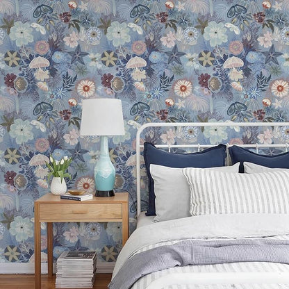 Ismoon Floral Peel and Stick Wallpaper Vintage Blue Contact Paper Jellyfish Ocean Stick on Wall Paper Removable Self Adhesive Vinyl Wallpaper for Bedroom Wall Decor Cabinet Refurbishment 17.3x393in