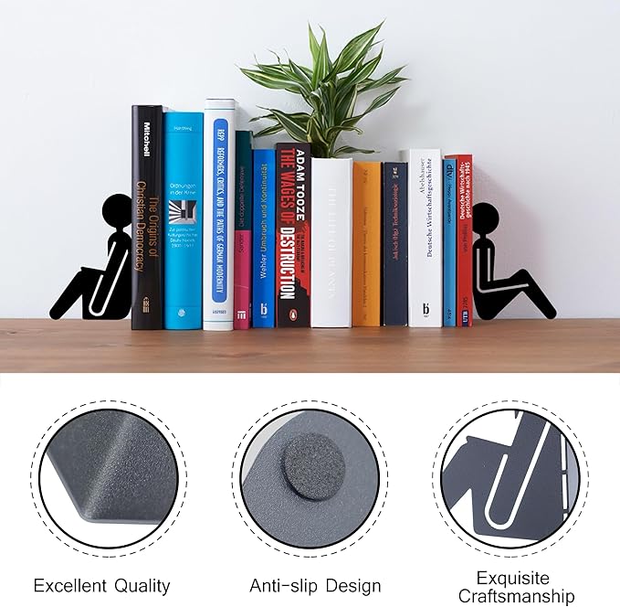Bookends Metal Book Ends, Abstract Readers Decorative Bookends for Bookshelf, Book Organizer for Desk Home Office School Bookshelf Decor, Black - 1 Pairs