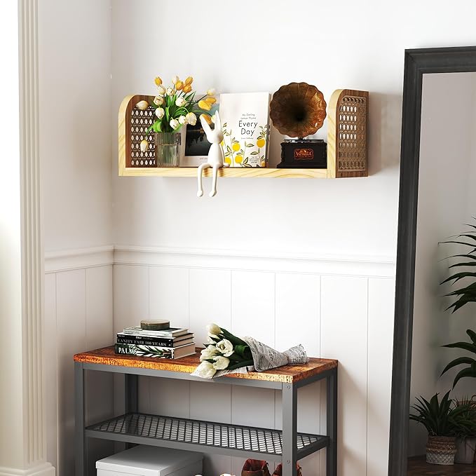 17 Inch Rattan Wall Shelf, Wooden Hanging Bookshelf Storage, Natural Cute Nursery Shelves Wall Mounted, Boho Decorative Floating Shelves for Kids Room, Living Room, Play Room, Bedroom