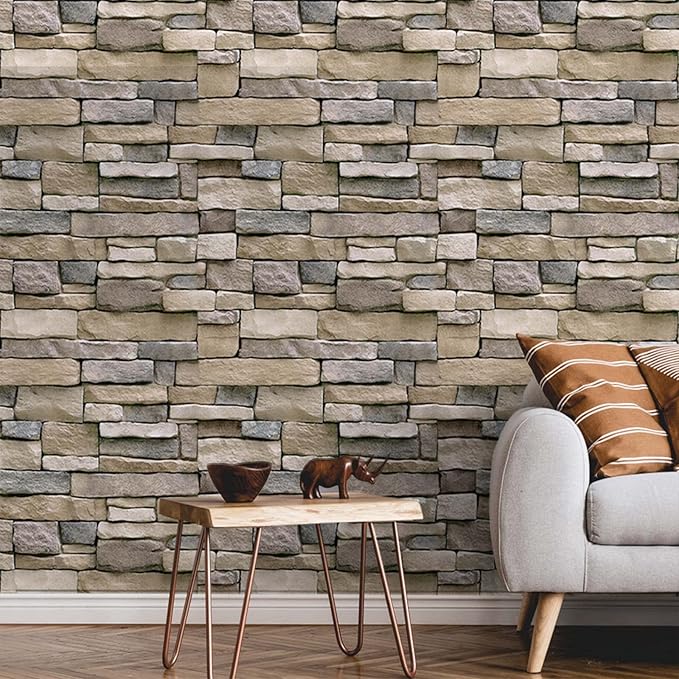 Abyssaly Stone Wallpaper Brick Wallpaper Peel and Stick Stone Backsplash Self-Adhesive Removable Vinyl Wraps Grey Faux Brick Shelf Paper 17.71