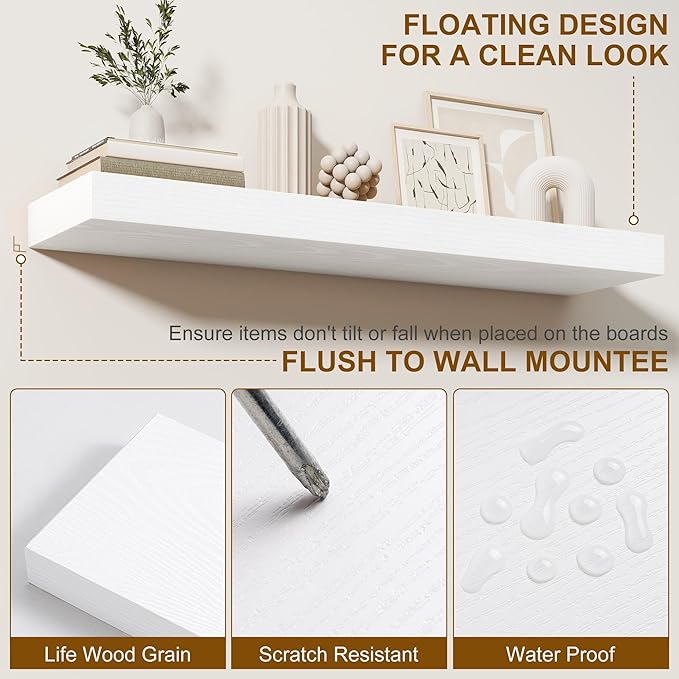Fun Memories 66 Inch Fireplace Mantel - Long Floating Shelf, Wall Mounted Farmhouse Display with Invisible Heavy Duty Metal Bracket, White, 2 Pack