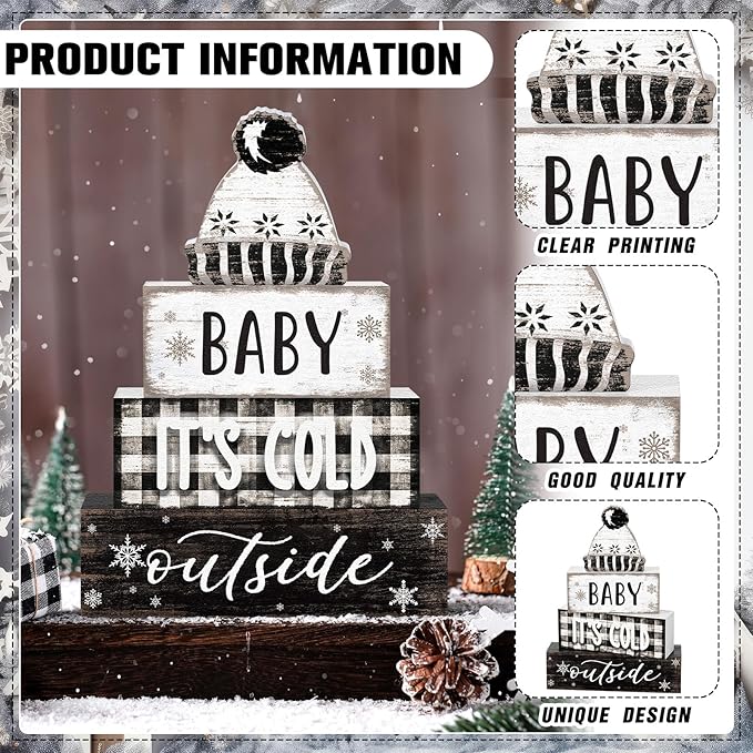 Marsui 4 Pcs Winter Wooden Tabletop Decor Wooden Hat Block Sign Rustic Tiered Tray Decor Baby Its Cold Outside Table Centerpiece Cozy Neutral Winter Decoration for Home Office Desk Shelf