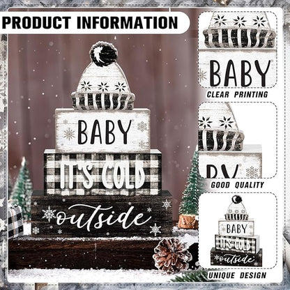 Marsui 4 Pcs Winter Wooden Tabletop Decor Wooden Hat Block Sign Rustic Tiered Tray Decor Baby Its Cold Outside Table Centerpiece Cozy Neutral Winter Decoration for Home Office Desk Shelf