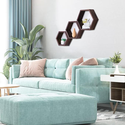 PHOENANCEE Hexagon Floating Shelves,Honeycomb Shelf Set of 3,Wood Farmhouse Hexagonal Decor Wall Storage for Living Room Bedroom Kitchen Office(Walnut)