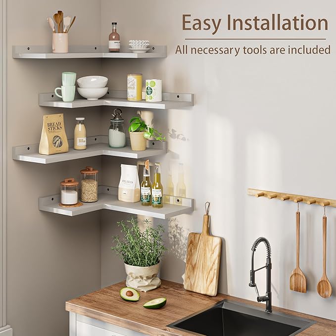 4 Tier Floating Corner Shelves Grey Set of 4, Rustic Pine Wooden Floating Corner Wall Shelf for Wall Décor Storage, L Shaped Corner Shelf Wall Mount for Bedroom, Living Room, Bathroom, Kitchen.