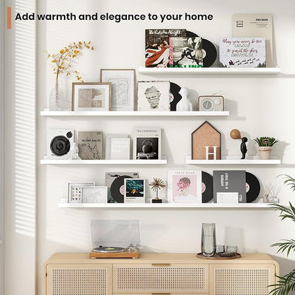 Fun Memories Picture Ledge Shelves Set of 4, 48 Inch Rustic Wall Mounted Floating Shelves with Lip for Home Storage and Décor in Bathroom, Kitchen, Nursery, Bedroom, Living Room, White