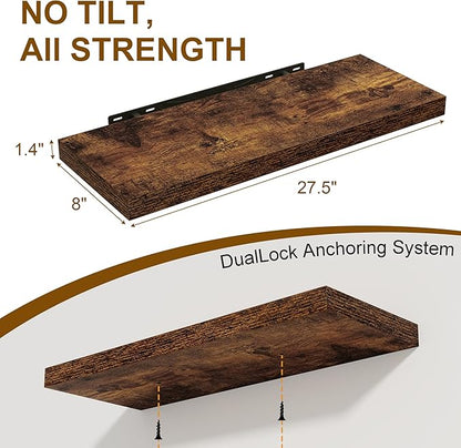 Floating Shelves for Wall, 27.5 Inch Bathroom Shelves Set of 2, Rustic Wood Wall Shelf with Invisible Brackets for Books|Storage|Decor, 8 Inch Deep Floating Shelf for Bedroom|Kitchen, Rustic Brown