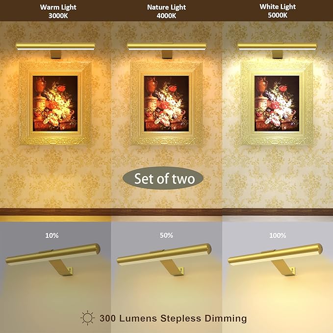 2Pack Wireless Picture Lights Painting Lights with Remote,Gold Rechargeable Battery Picture Lights for Artwork Display Led Accent light Gallery Light Dartboard Light Full Metal Brightness Dimmable