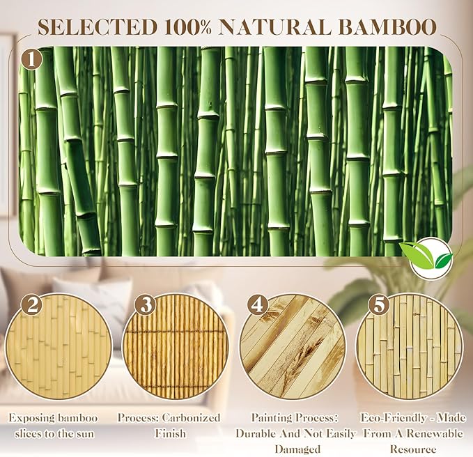Juexica 2 Pcs Natural Bamboo Wall Panel for Interior Wall 48''x96'' Bamboo Covering Renewable Pole Wainscoting Room Divider Wrap Decor for Bedroom Living Room Kitchen Island Office (Light Burned)