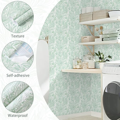Peel and Stick Wallpaper Boho Green Leaf Contact Paper Sage Green Botanical Wall Paper Self Adhesive Removable Wallpaper for Cabinets Drawers Bedroom Decor Waterproof Vinyl Roll 17.3"x78.7"
