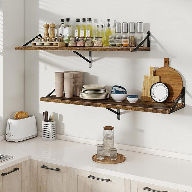Floating Shelves, 12 Inch Deep Rustic Wood Wall Storage, 48W x 12D Wall Shelves Set of 2, Heavy Duty Metal Brackets, Large Industrial Book Shelf for Living Room, Kitchen, Bedroom, Brown