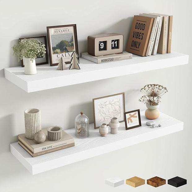 Fun Memories Floating Shelves Set of 2, 36 Inch Long Wooden Wall Shelves, 10 Inch Deep Wall Mounted Storage Shelf with Metal Brackets for Living Room, Bathroom, Bedroom and Kitchen, White