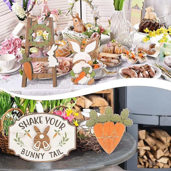 Amyhill 14 Pcs Easter Tiered Tray Decor Set Farmhouse Bunny Carrot Wooden Signs Rustic Spring Tiered Tray Decor Easter Table Decorations for Home Kitchen Coffee Bar Shelf