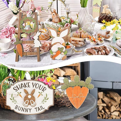 Amyhill 14 Pcs Easter Tiered Tray Decor Set Farmhouse Bunny Carrot Wooden Signs Rustic Spring Tiered Tray Decor Easter Table Decorations for Home Kitchen Coffee Bar Shelf