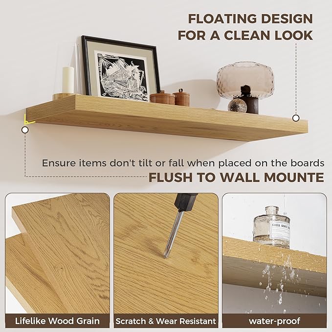 Fun Memories 12 Inch Deep Floating Shelves for Wall, 20 Inch Long Wall Mounted Storage Shelf with Invisible Brackets, 3 Pack Hanging Wood Shelf for Farmhouse, Bedroom, Kitchen, Living Room, Oak