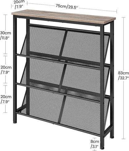 Shoe Rack, 4-Tier Slanted Shoe Storage Shelf, Narrow Shoe Rack for Entryway, Shoe Organizer with Adjustable Feet, Slim Shoe Shelf with Wooden Top and Metal Frame, Greige and Black TXJ75BG