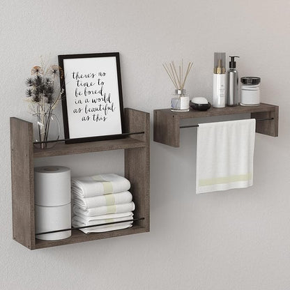 RICHER HOUSE Floating Shelves, Wall Shelves Above Toilet Wall Storage, Wall Mounted Bathroom Shelves with Towel Bar, Shelves for Bedroom, Kitchen, Vanity Shelves Room Decor Wall Cabinet - Brown