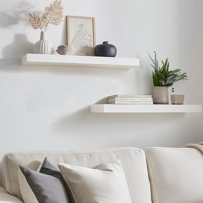 INHABIT UNION White Floating Shelves for Wall-24in Wall Mounted Display Ledge Shelves Perfect for Bedroom Bathroom Living Room and Kitchen Decoration Storage (Set of 2)