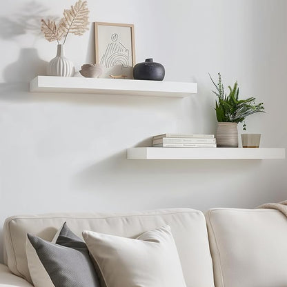 INHABIT UNION White Floating Shelves for Wall-24in Wall Mounted Display Ledge Shelves Perfect for Bedroom Bathroom Living Room and Kitchen Decoration Storage (Set of 2)