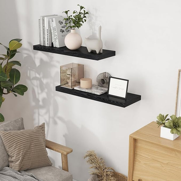 Fun Memories 32" W x 9.3" D Floating Shelves in Black, Rustic Wood Deep Shelves for Bedroom, Kitchen, Living Room, Long Floating Shelf for Wall, Storage Display Wall Shelf for Books Decor